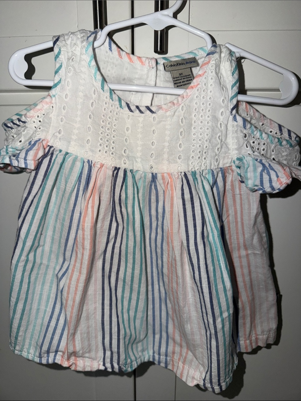 Calvin Klein Jeans White Eyelet Cold-Shoulder Top with Pastel Stripes